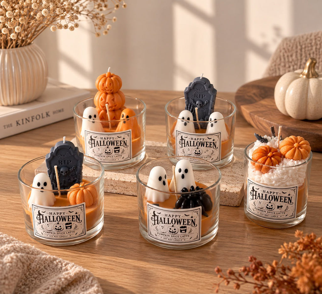 Halloween Soy Wax Candle | Pumpkin Spice Latte Candle | Ghost & Pumpkin Candle | Spooky Halloween Decor | Handmade Fall Gif