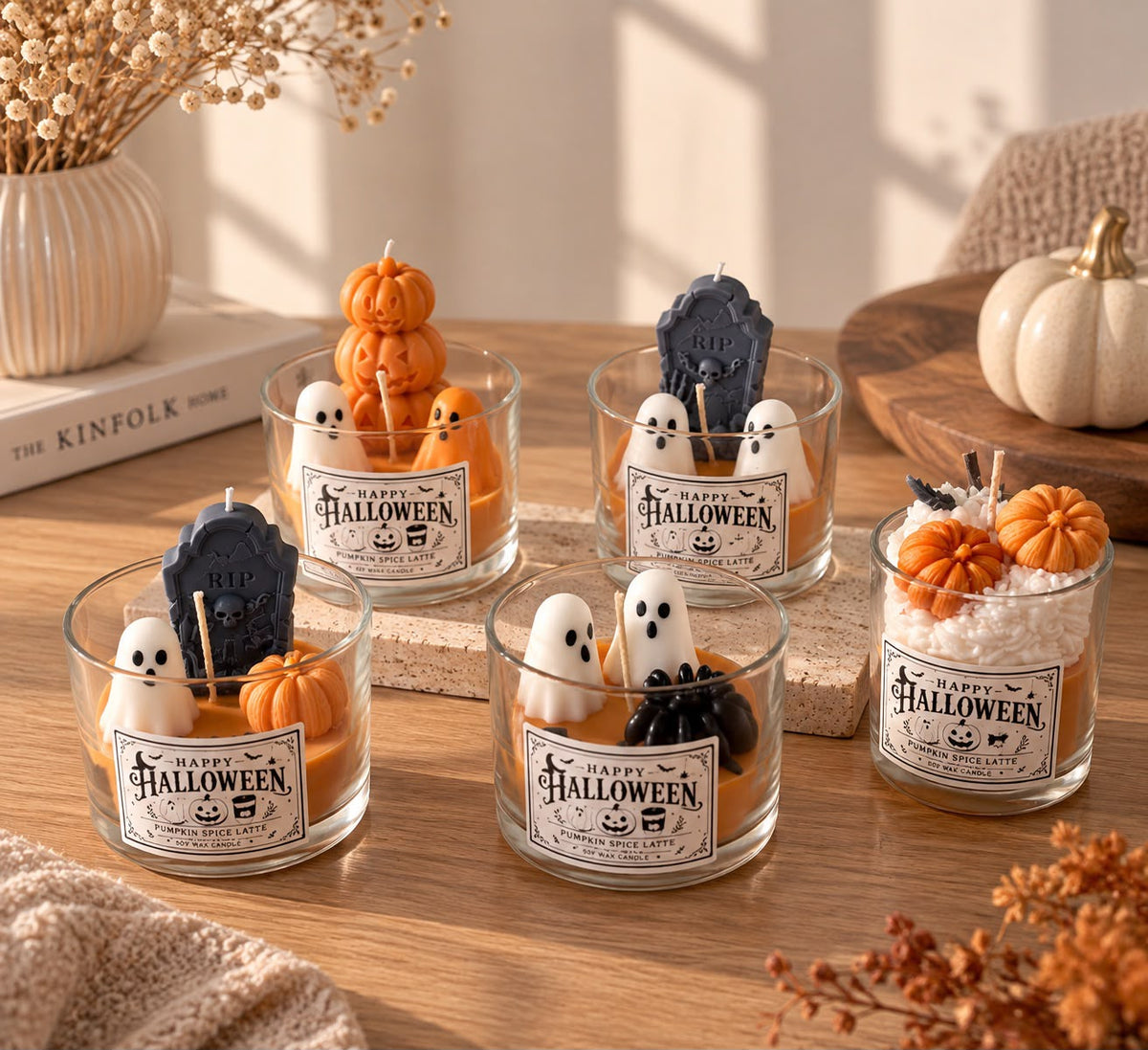 Halloween Soy Wax Candle | Pumpkin Spice Latte Candle | Ghost & Pumpkin Candle | Spooky Halloween Decor | Handmade Fall Gif
