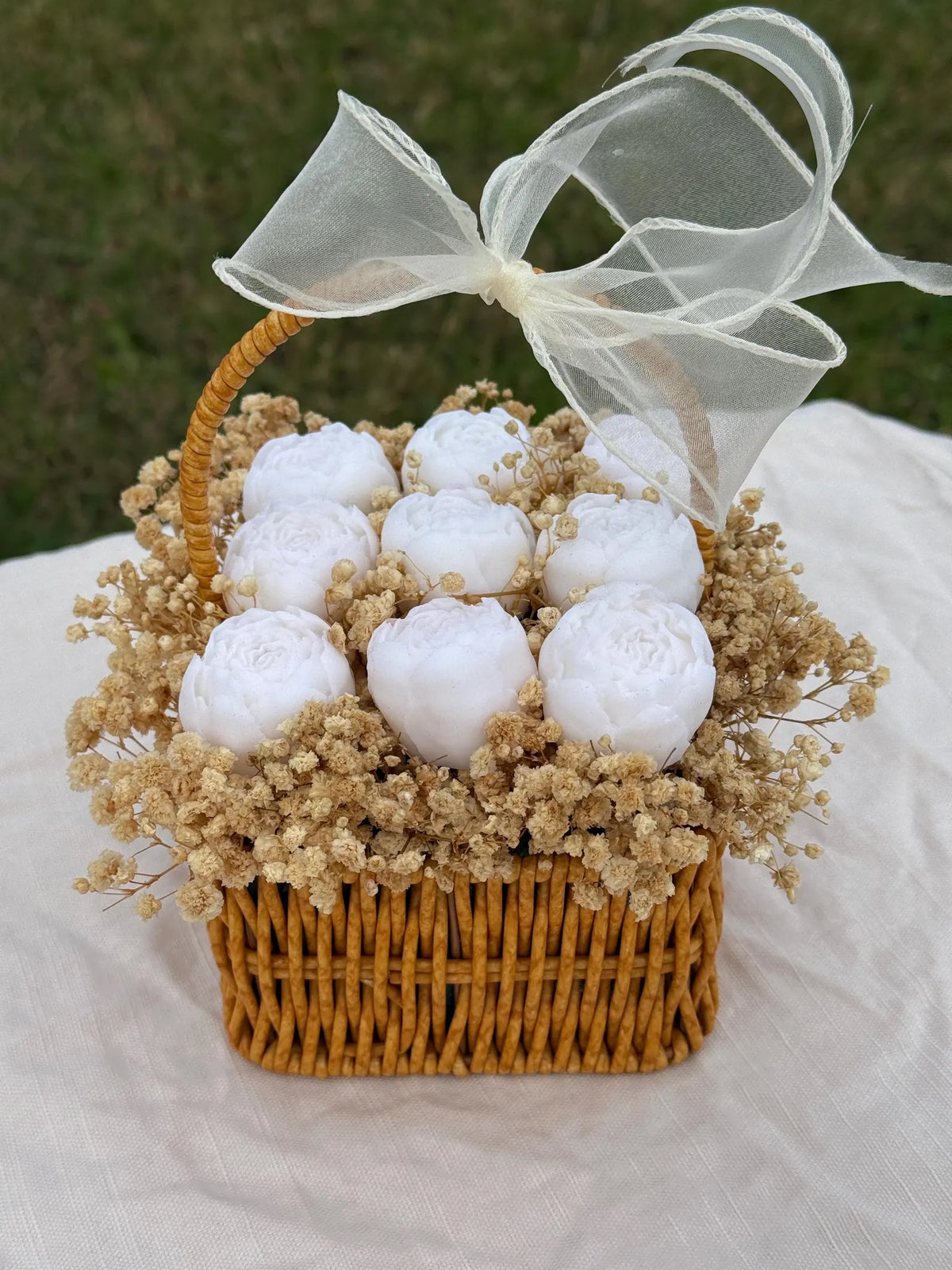 White Peony Candle Basket | Handmade Soy Wax Floral Arrangement | Elegant Home Decor